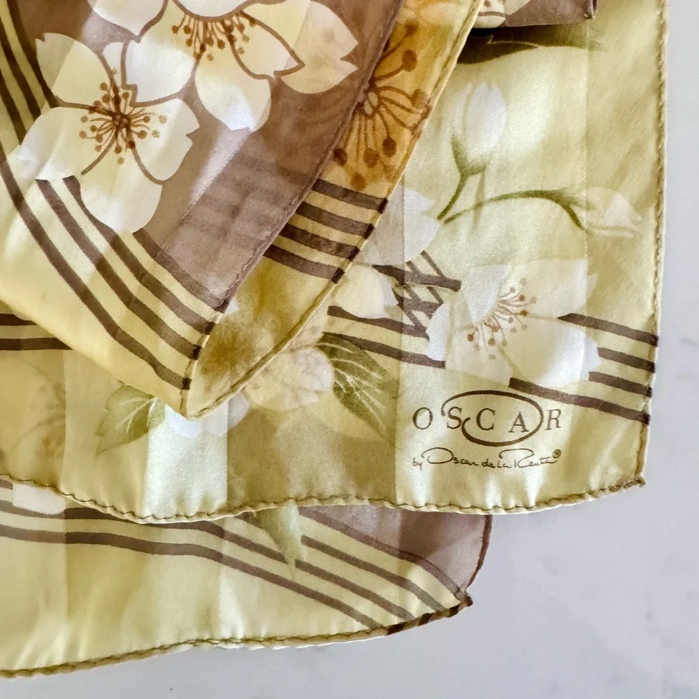 Oscar de la Renta Golden Cherry Blossom Silk Sateen Scarf, Rectangular (Oblong)